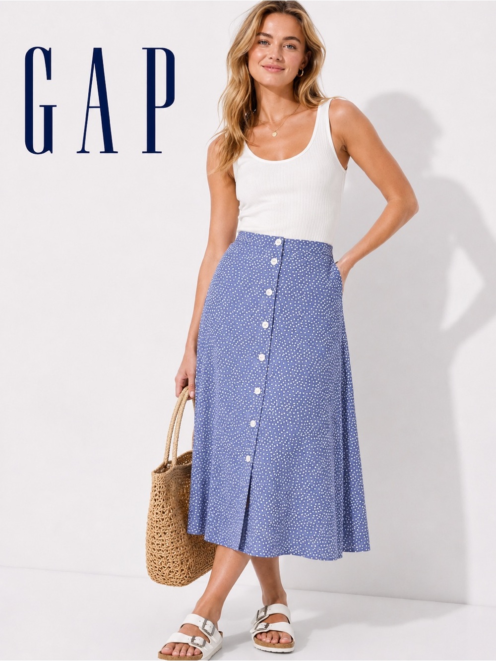 GAP Blue Dot Button Front Midi Skirt Women’s  0 modest nautical Cottagecore C1